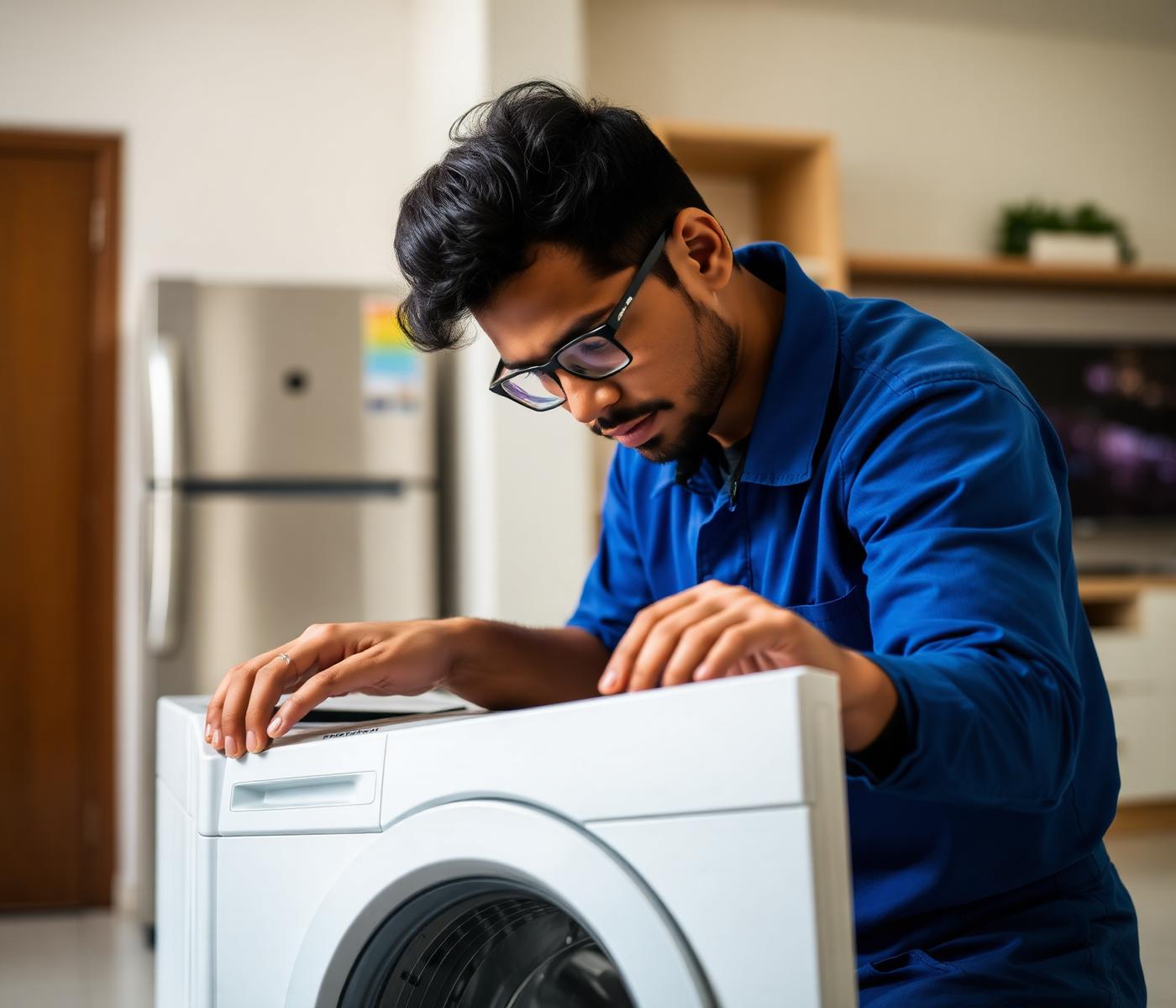 J.N. Electronics technician repairing a washing machine at a home in KR Puram, Bangalore